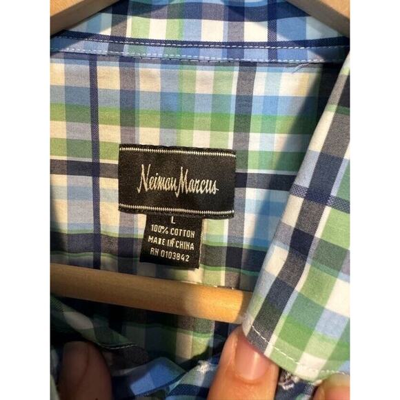 Neiman Marcus Mens Large Plaid Trim Fit Button Up Shirt Blue Green White Plaid - Picture 3 of 12